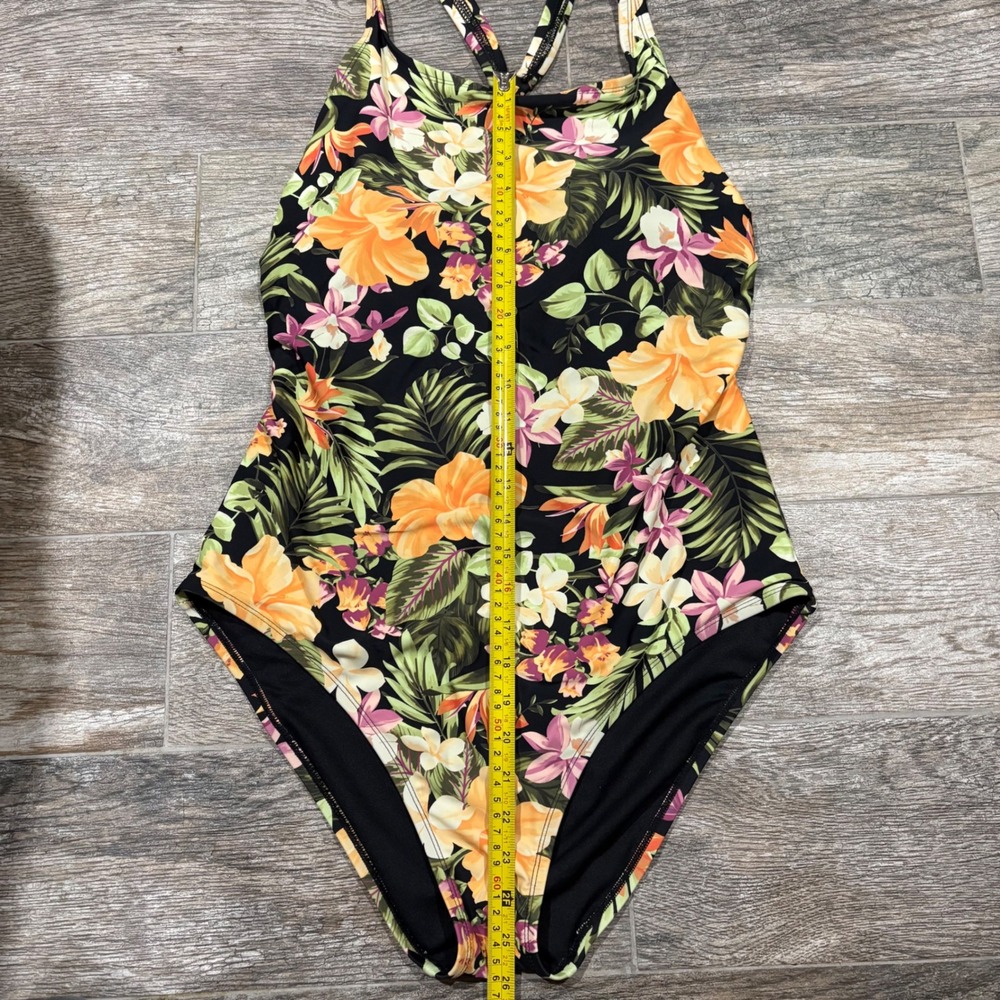 Hurley Tropical Floral One Piece Swimsuit Black XL Cross Back Built in Bra - Picture 6 of 8
